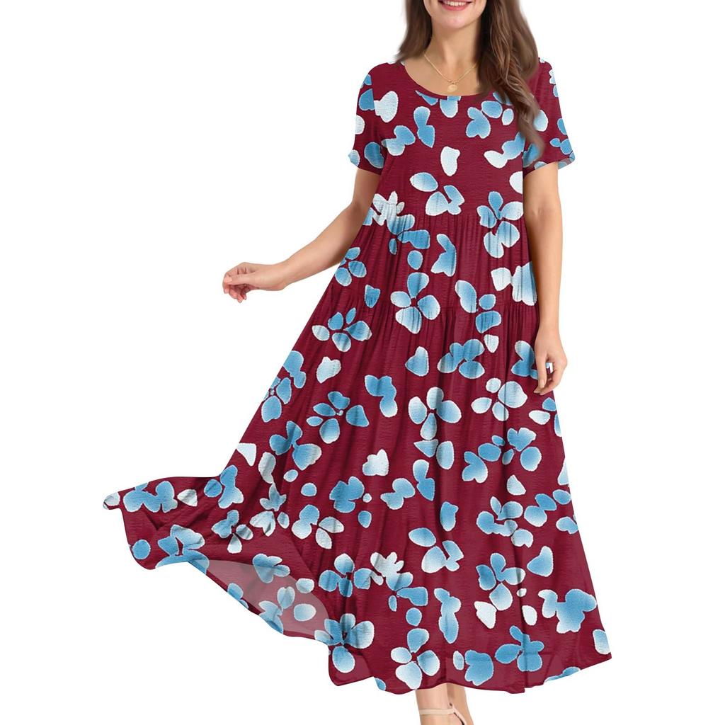Damen Sommer Rundhals Kurzarm Geblümtes Boho Lockeres Kleid