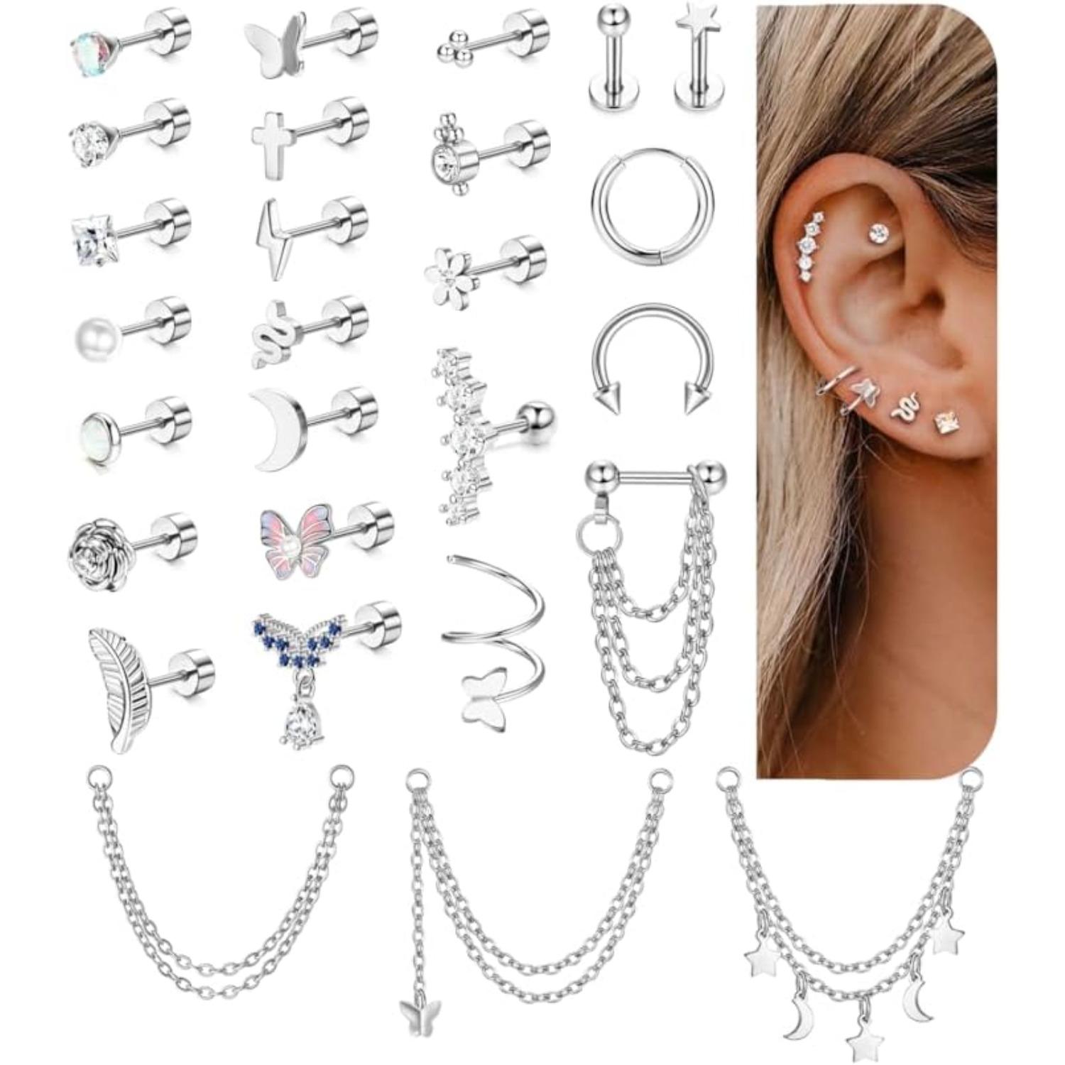 

24Pcs 316L Surgical Steel Flat Back Earrings for Women Men Dangle Chain Stackable Cartilage Stud Helix Piercing Dainty Jewelry