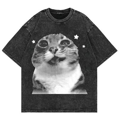 Oversized Washed Black Short-Sleeve T-Shirt Featuring Viral Pop Cat Meme Halftone Starry Graphic Print For Cat Lovers & Streetwear Fans