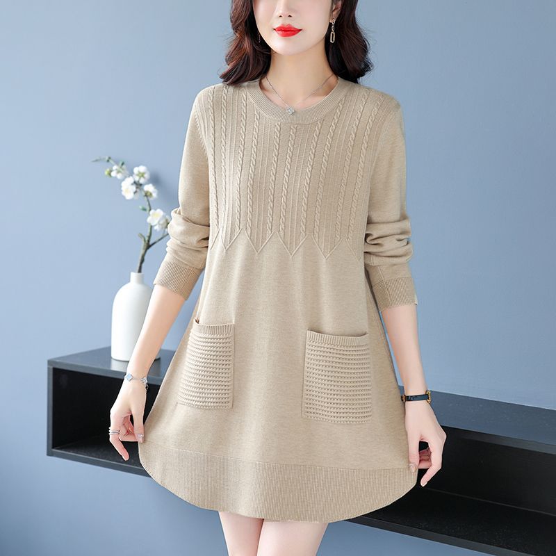 Women's Plus-Size Sweater Autumn Winter Warm Soft Stretchy Knit Top Loose Mid-length Sweater with Pockets