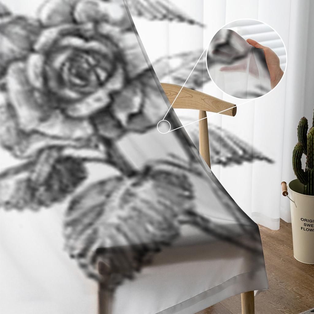 Hand Drawn Rose Sheer Curtains Transparent Voile Tulle Drapes For Living Room Bedroom Window Home Decor