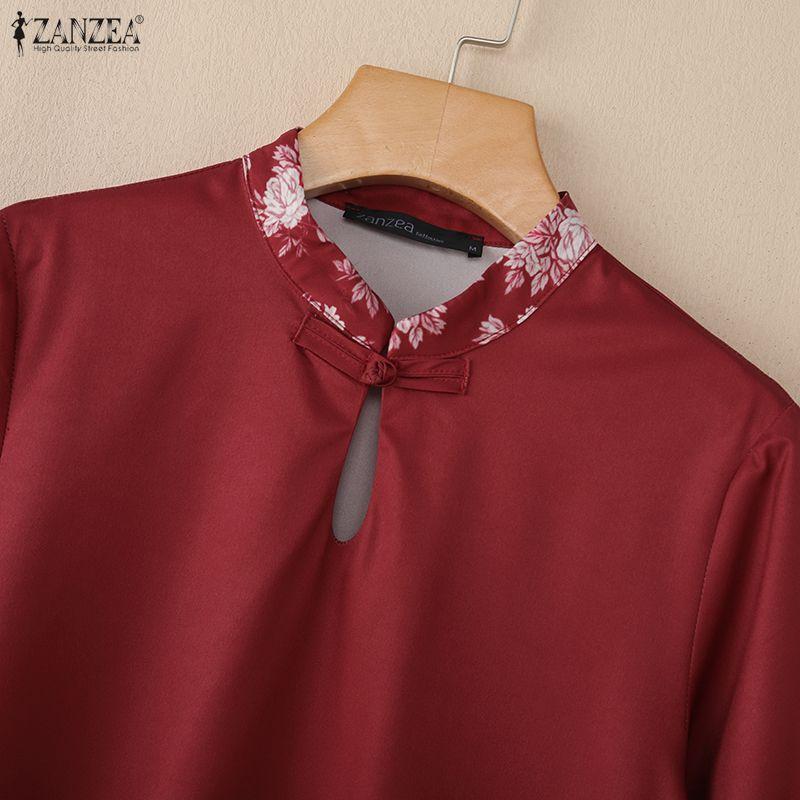 ZANZEA Women Casual Stand Collar Summer Floral Splice 3/4 Sleeve Blouse