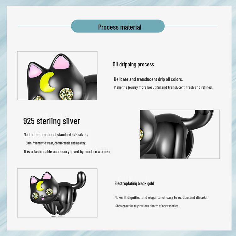 Sterling Silver S925 Moon Cat Beaded Bracelet with Black Gold Plated Zircon Halloween Beads