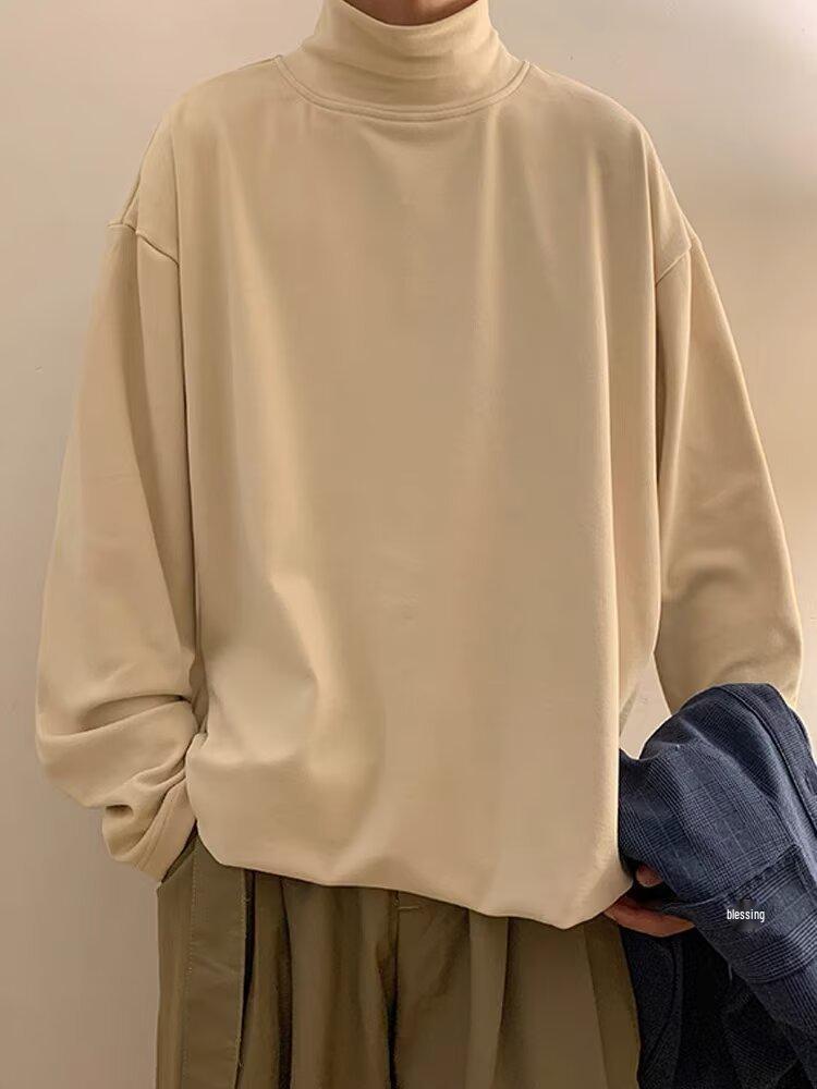 

Мужская футболка базового слоя свободного кроя с полувысоким воротом и длинными рукавами для весны и осени XL бежевый