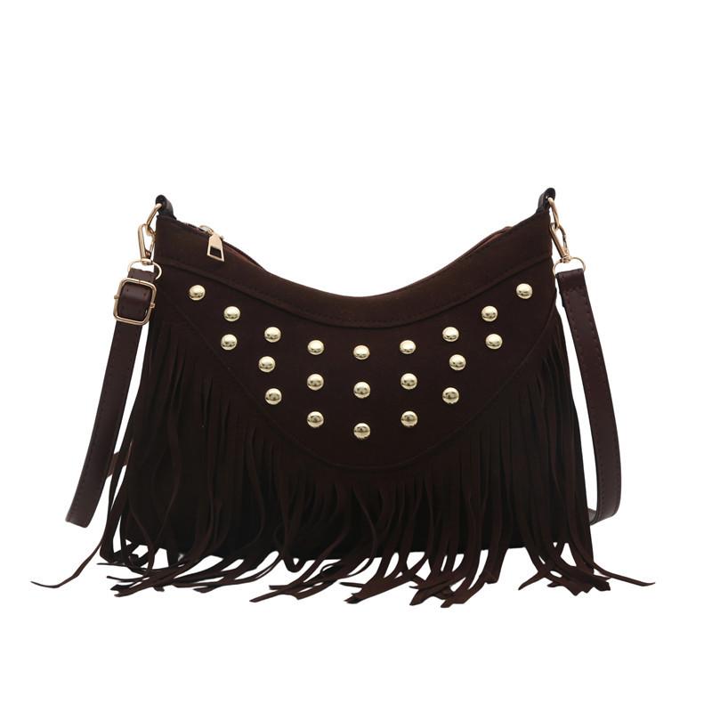 Ethnic style matte small bag women's new fashion rivet personalized tassel retro shoulder crossbody dumpling bag