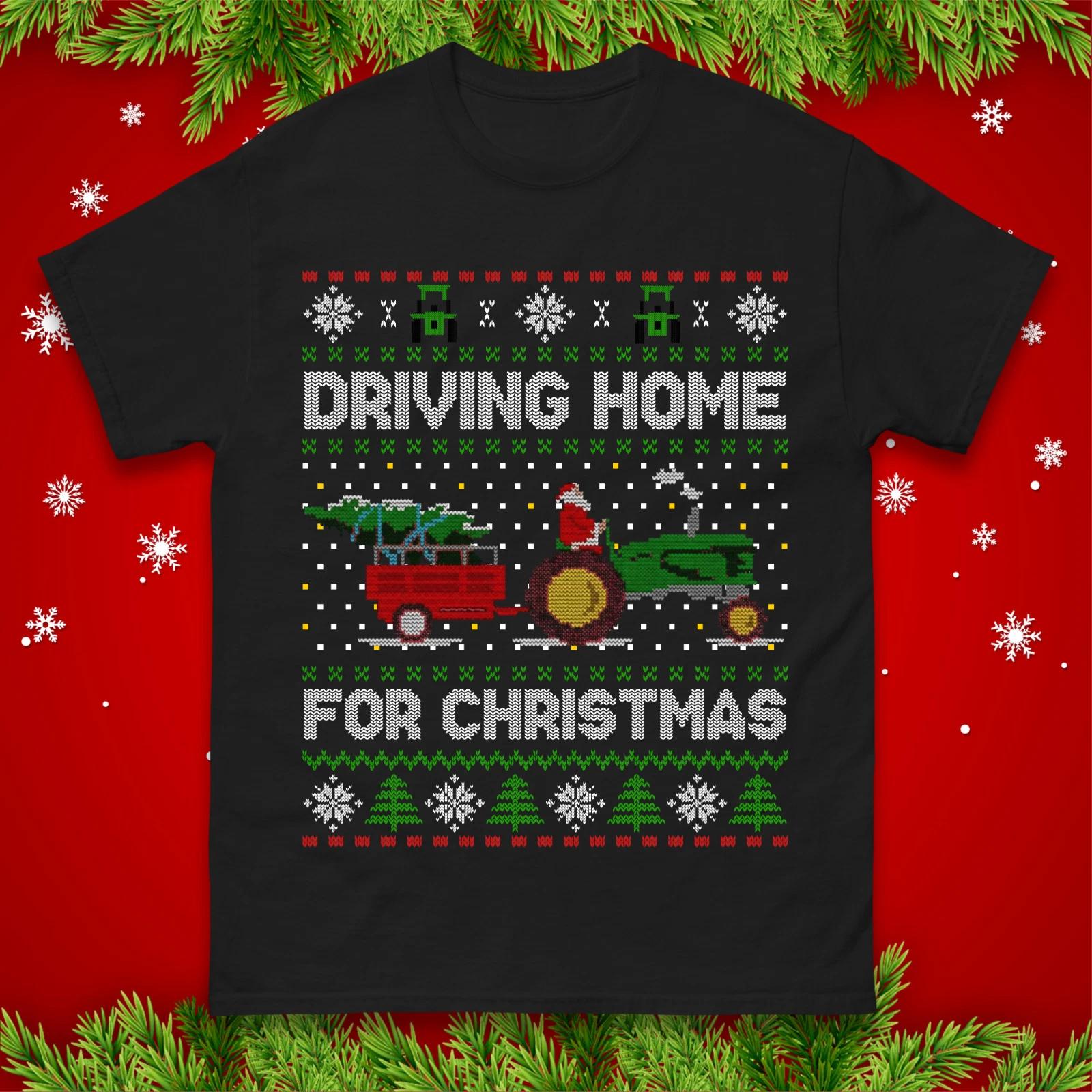 Santa Tractor Driving Home for Christmas T-Shirt, Funny Farmer Tractor Xmas Tee L