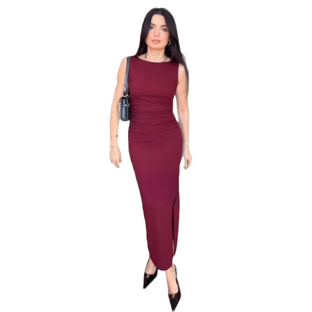 2025 Summer European and American Sleeveless Pleated Slim-Fit Solid Color Sexy Dress