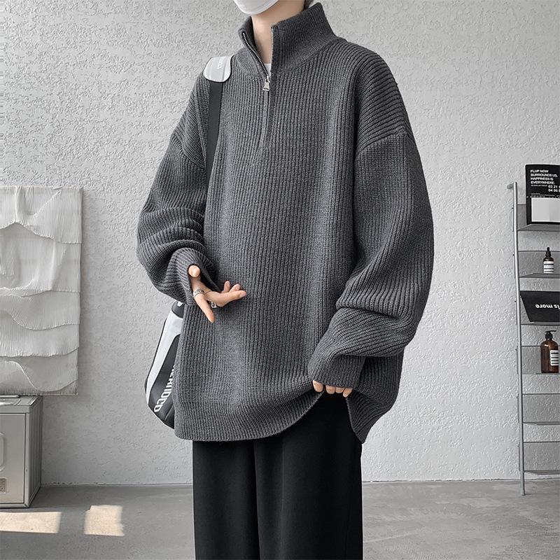 Men's Plus Size Casual Loose Knit Half-Zip High-Neck Pullover Sweater for Autumn and Winter