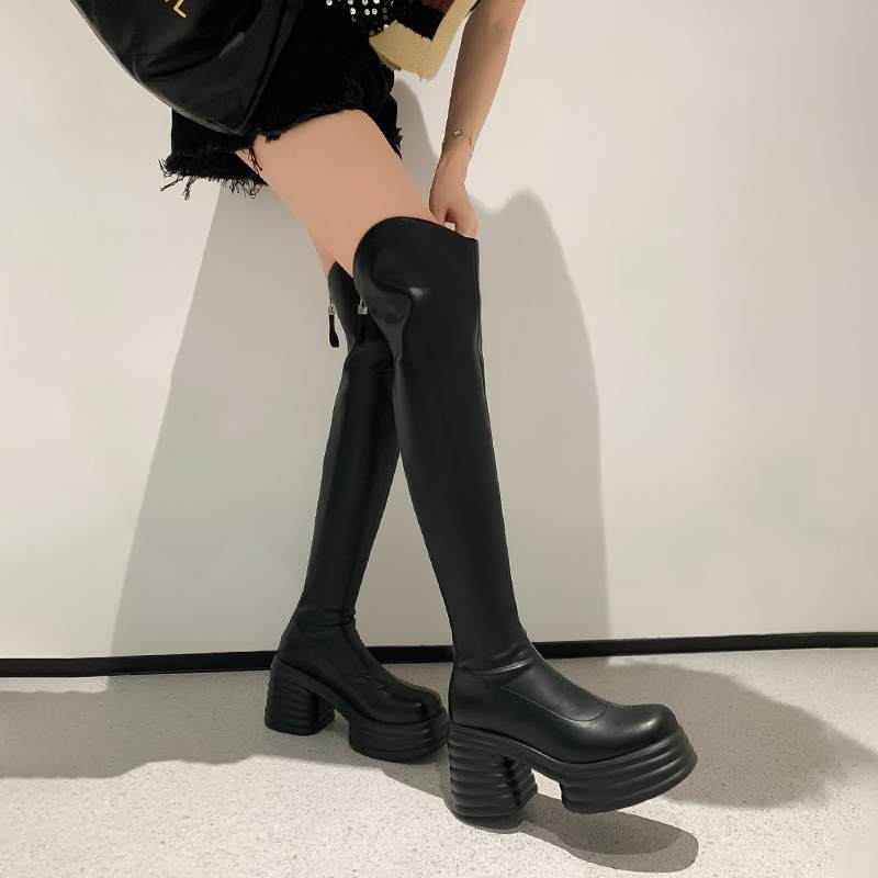 Krazing Pot Chaussures en cuir microfibre pour femme, bottes imperméables à bout rond, talons hauts épais, fermeture éclair sur le devant, automne et hiver