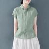 Women's Short Sleeve Shirt Turn Down Collar Vintage Casual Blouse Solid Color Linen Cotton Loose Fit Patchwork Summer Daily Commuter Top