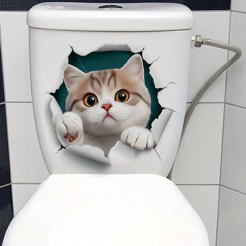 3D Cute Cartoon Cat Breaking Through Wall Toilet Sticker Self-Adhesive Waterproof Removable Bathroom Home Decor Art