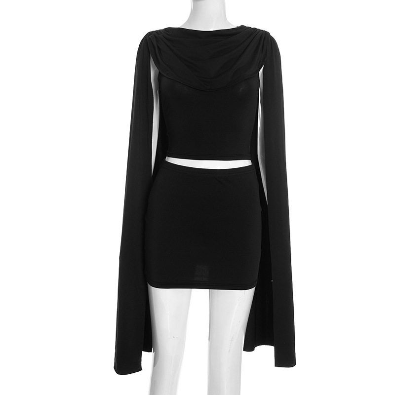

European and American Foreign Trade Women s Clothing with a Draped Collar Design, Sexy Hot Girl Style Shawl Ruched Top and Skirt Set for Women Black S