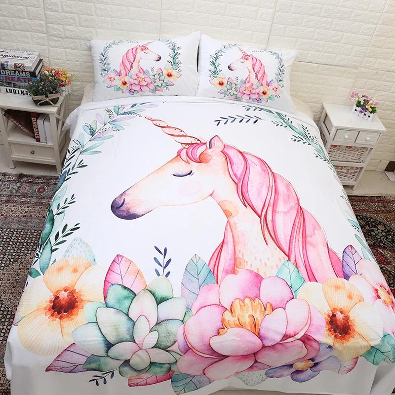 Green Pastoral Comforter Set Quilt Cover Pillowcases Bedclothes Unicorn Bedding Set Kids Full Duvet Cover Set 2/3 Pcs Pink White