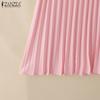 ZANZEA Women Casual V-Neck Short Sleeve Summer Pleated Long Dress