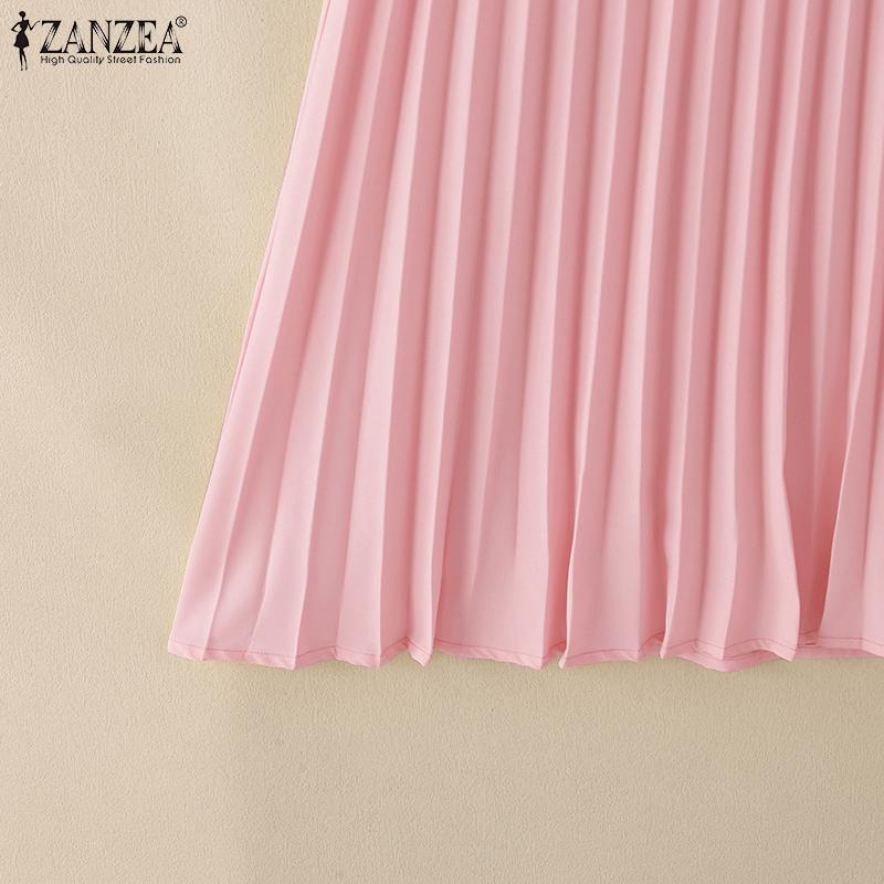 ZANZEA Women Casual V-Neck Short Sleeve Summer Pleated Long Dress
