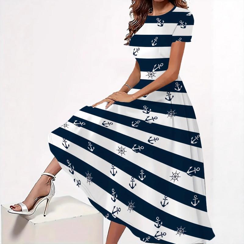 Womens Loose Fit Cotton Print Short Sleeve Round Neck Midi Dress Casual Wear