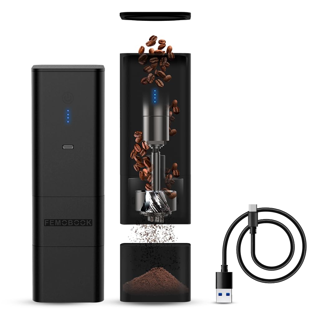 FEMOBOOK A2 Electric Coffee Grinder, Mortar-Style, USB Rechargeable, Cordless, Adjustable Grind Size, 120 Levels, Easy Operation, Automatic Shut-Off,