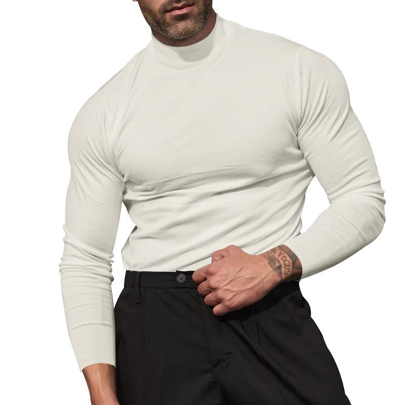 Men's Autumn/Winter Solid-Colour Long-Sleeved T-Shirt in Wool Blend Men's Base Layer Top with Close-Fitting Semi-Round Neck