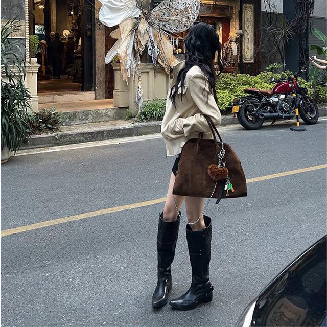 Women's Retro Suede Stand Collar Jacket - American Style, Autumn Motorcycle Coat with Loose Design and Long Sleeves.