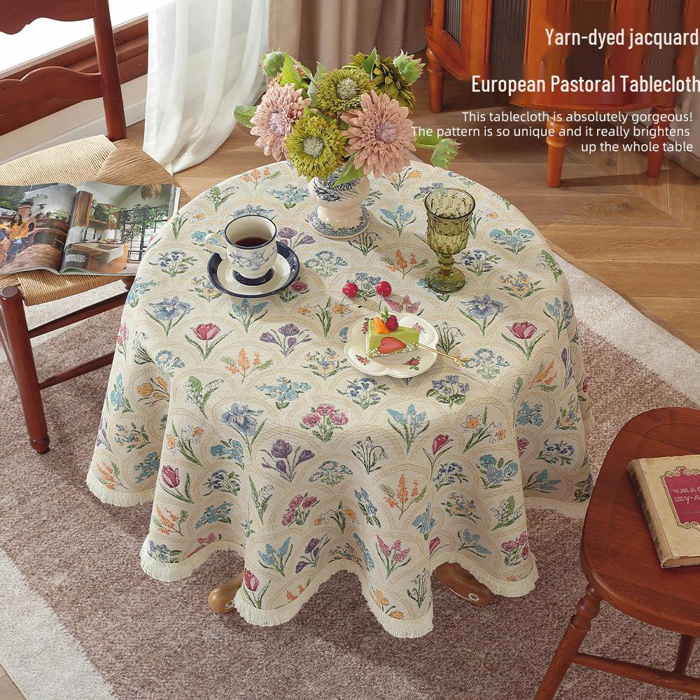 Nordic Pastoral Round Tablecloth with Small Tassels - Imitation Cotton Linen Fabric