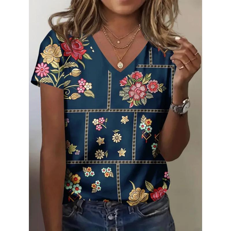 Summer Women's 3D Printed V-Neck T-Shirt Fashion Versatile Breathable Trend Casual