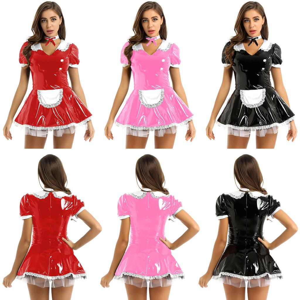 Women Patent Leather Maid Costume V Neck Short Sleeve Lace Trim Fancy Dress Role Play Uniform