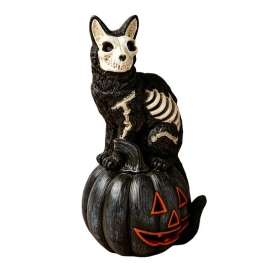 Black Cat Pumpkin Decoration Halloween Skull Figurine, Gothic Statue with Hollow Ribs, Compact Desktop Decor Spooky for Showcase Outdoor Landscaping,