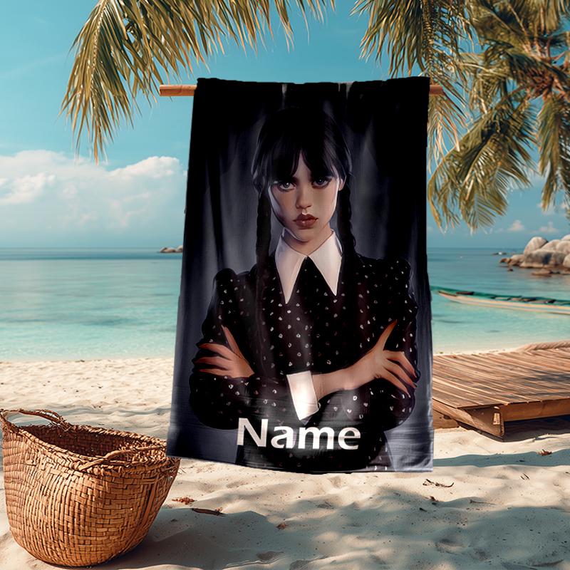 Custom Name Ultra-Soft Beach Towel with Wednesday Theme,Ideal for Pool - Camping, Diving - Perfect Travel Essential, Vibrant Beach Towel.