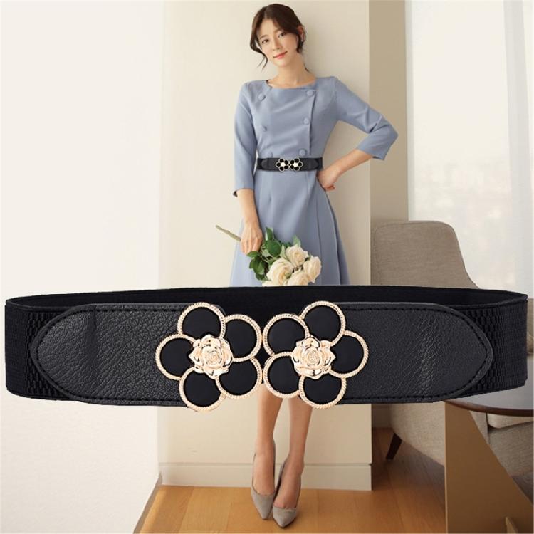 Stretch Waist Chain Oversized Flower Buckles PU Belt for Women Proms Stage and Club Party Casual Wear Elaborate Jewelry