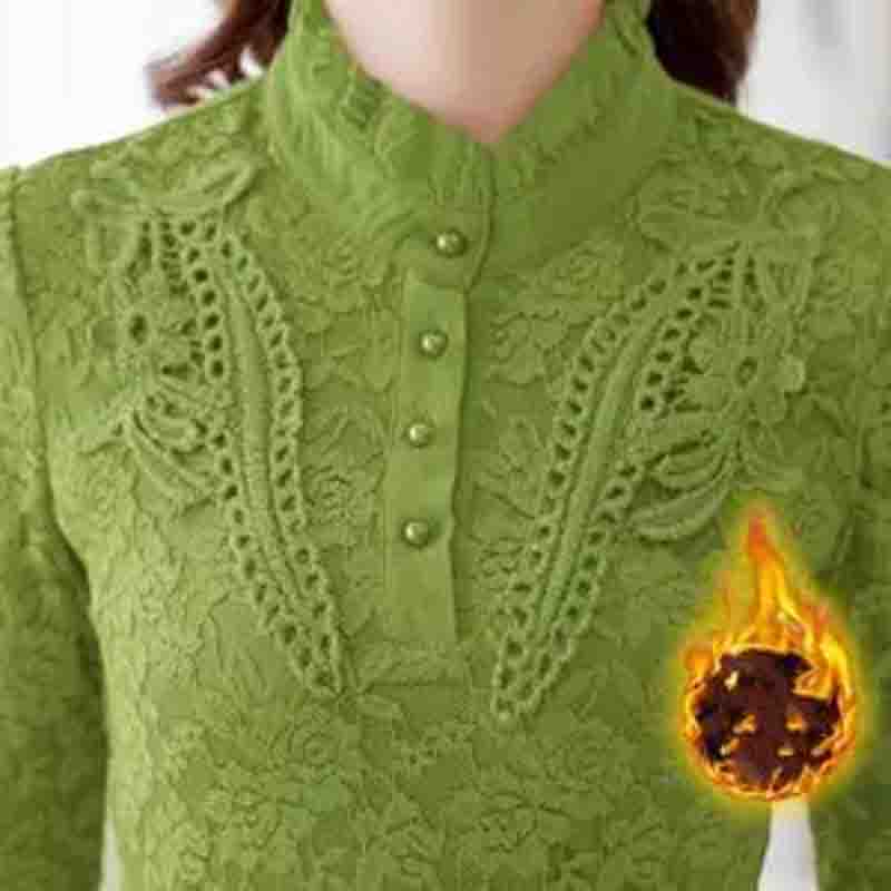 Camisa de encaje de otoño e invierno Camisa superior ajustada Camisa de mujer de talla grande con relleno de terciopelo y calidez