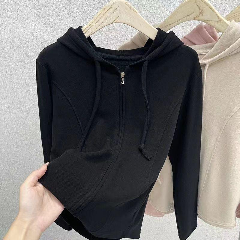 Solid Color Women's Casual Hooded Sweatshirt Zipper Short Cardigan Versatile Long-sleeved Top