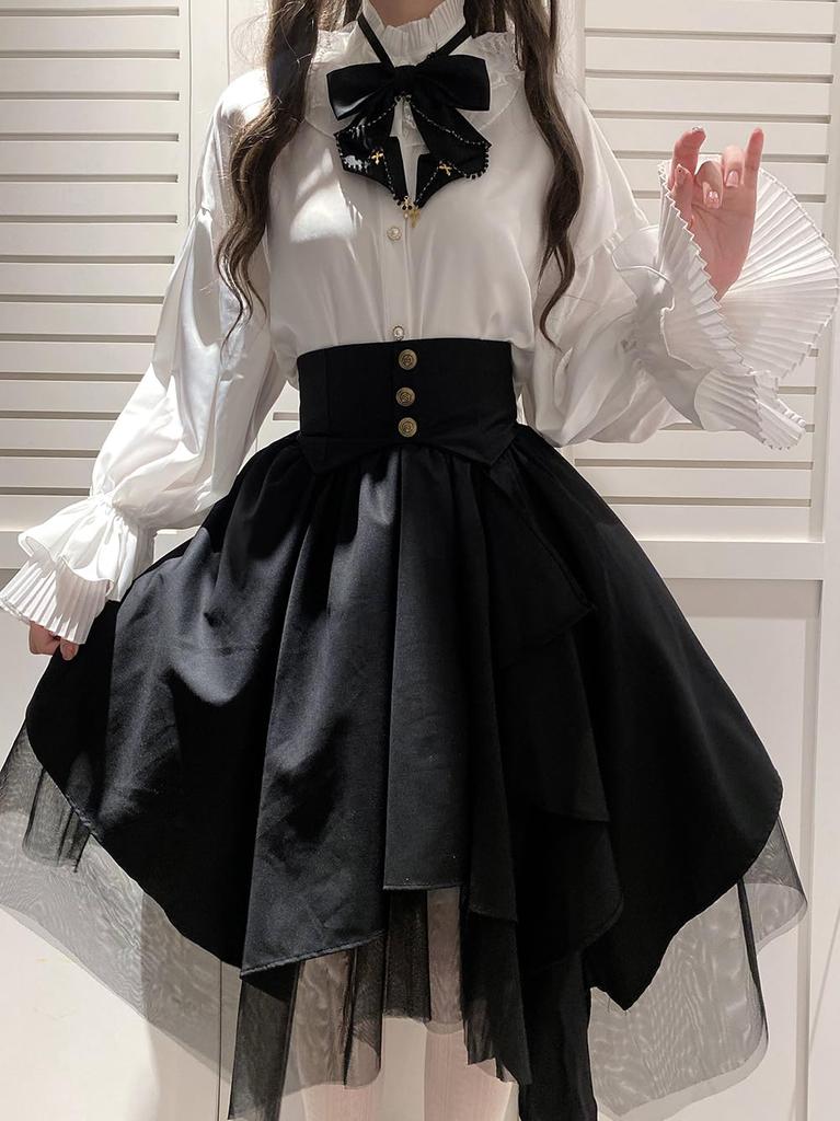 WANSHIX Gothic Long Sleeve Ribbon Blouse and Tulle Skirt Cute Princess Landmine Winter Black and Women's 3-Piece Set, Lolita, Style, Style, Spring,