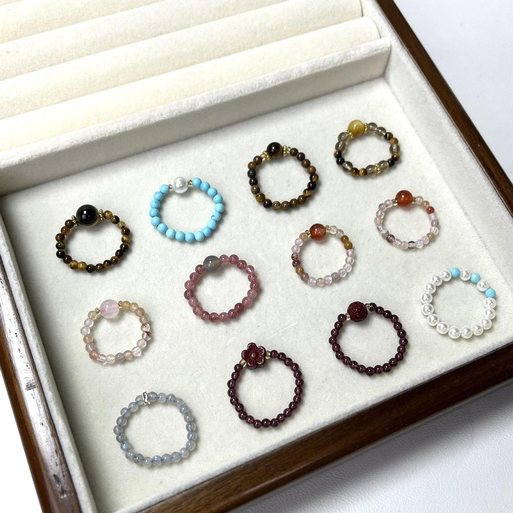 Natural Stone Beaded Elastic Ring for Men & Women - Retro Chinese Style, Versatile Fashion