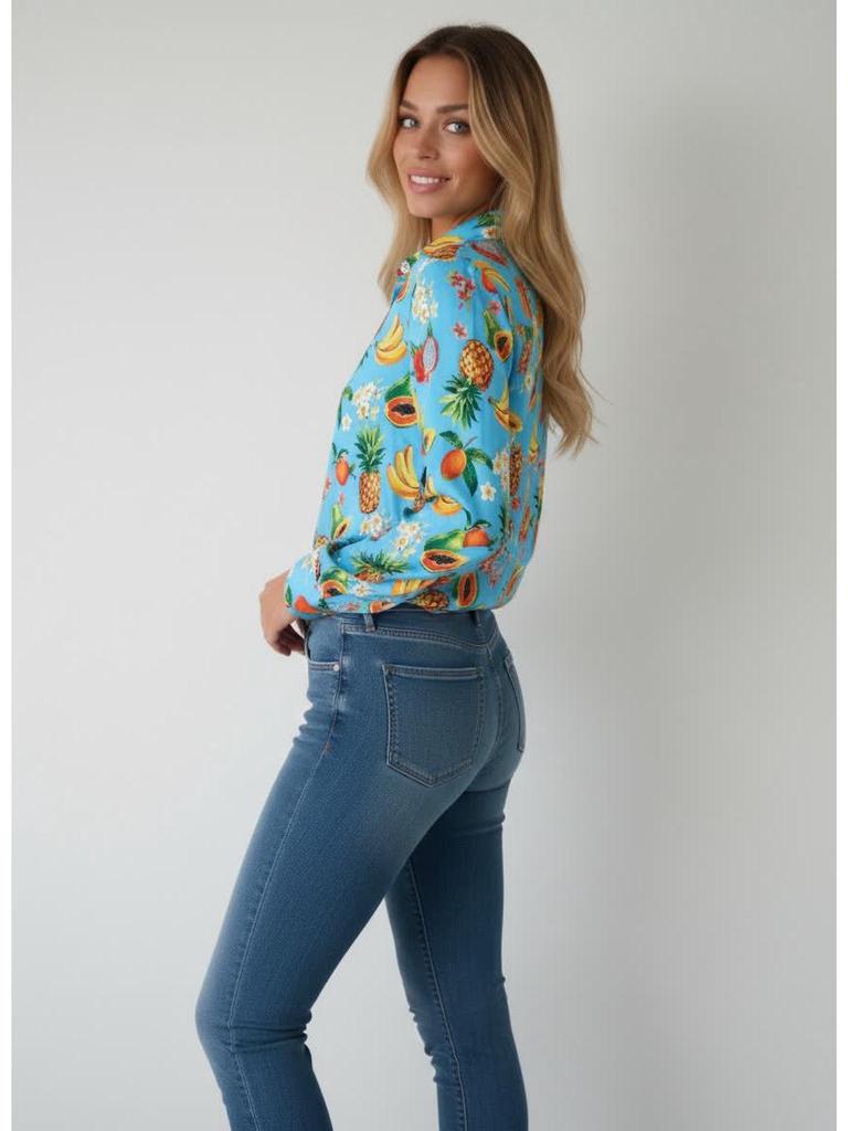 2026 Stylish Blue Floral Print Women's Loose Fit Shirt
