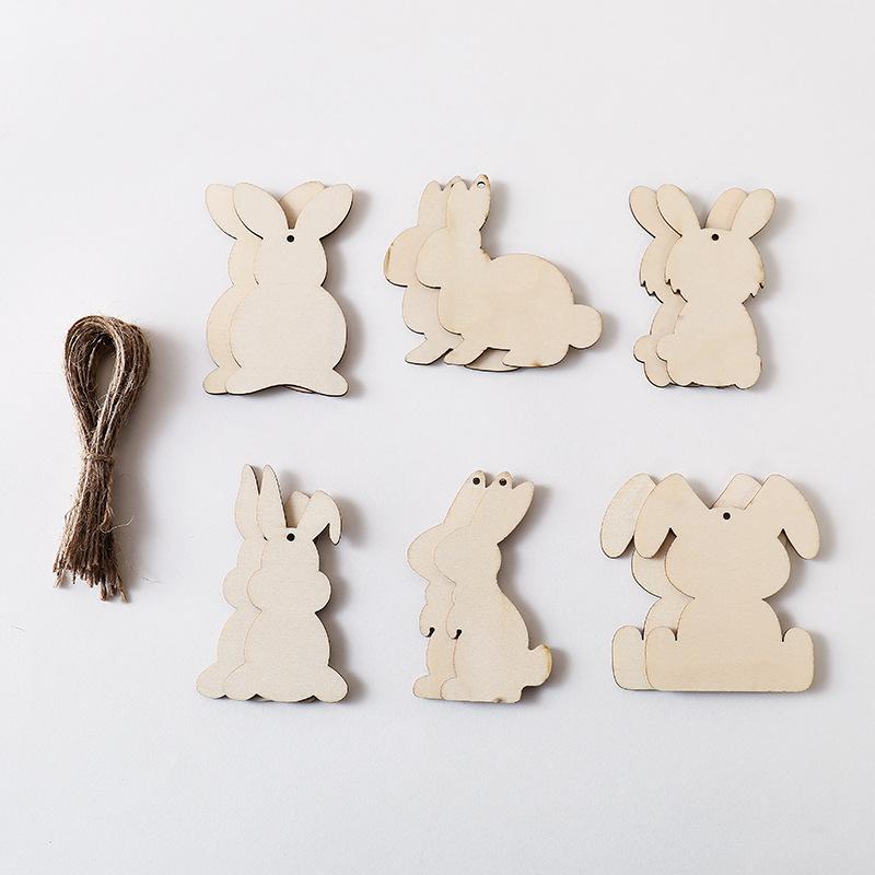 6/12Pcs Easter Wooden Bunny Pendants Blank Rabbit Wood Chips Kids Easter Party DIY Painting Crafts Gift Home Hanging Decoration