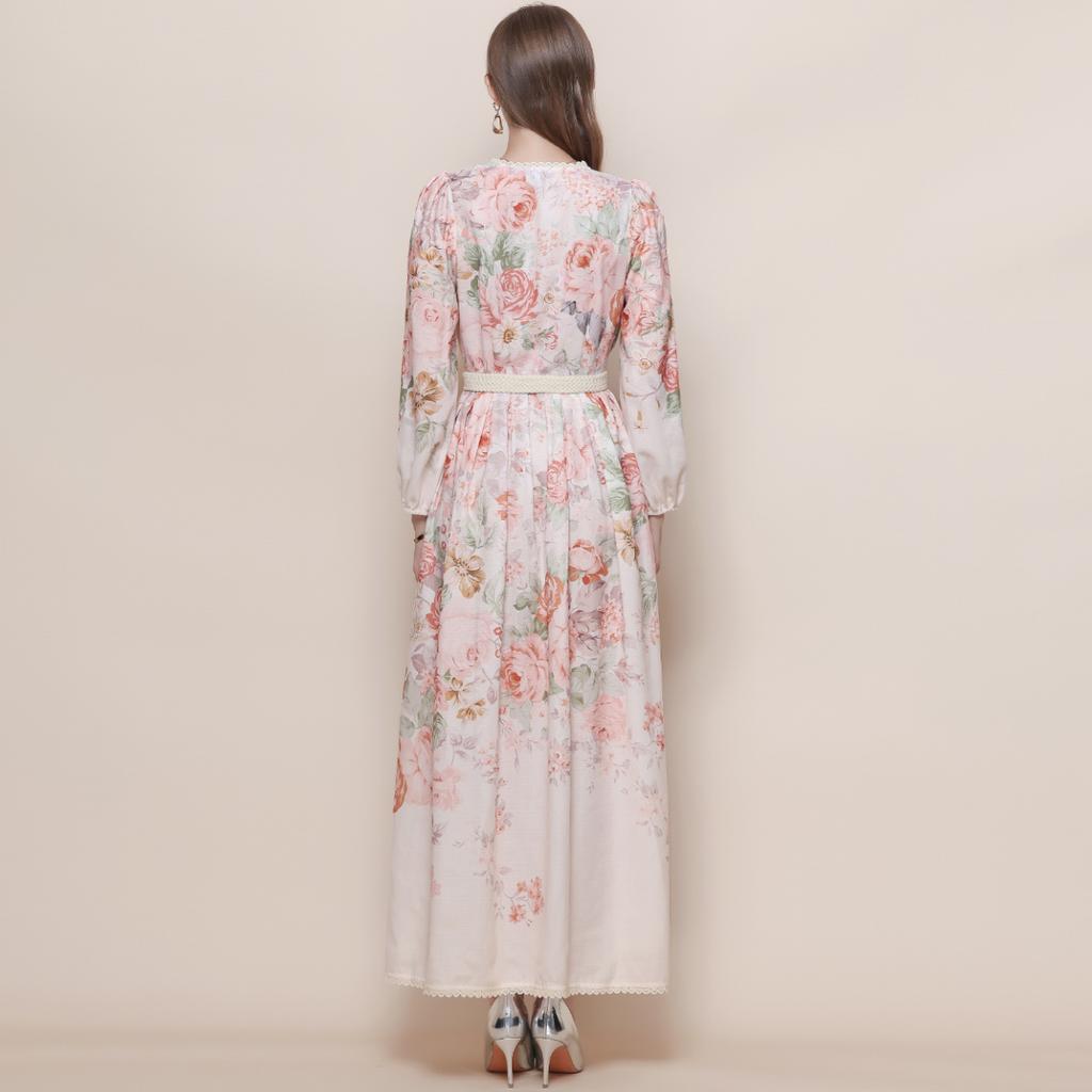 Spring Bohemian Floral Maxi Dresses for Women Runway Cross V-Neck Long Lantern Sleeve Sashes Beach Holiday Dress Boho Robes