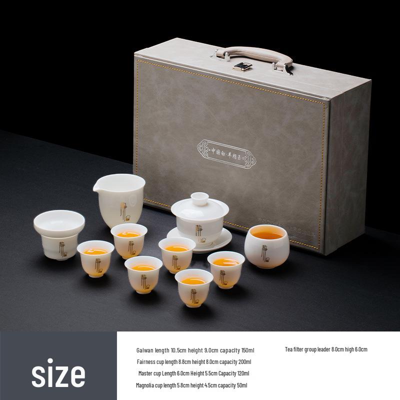 Sheep Fat Jade Porcelain Kung Fu Tea Set: Ceramic Gaiwan and Cup for Home Use - High-End Gift Box for Company Souvenir