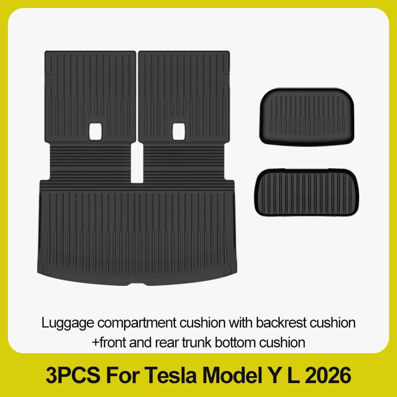 Tapis de sol 6 places pour Tesla Model Y L 2026+, tapis de coffre TPE 3 rangées, housse de siège arrière, doublure de coffre avant, plateau de