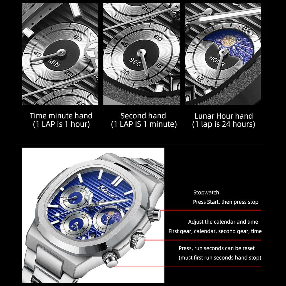 Luxury Watch Men Business Fashion Waterproof Stainless Steel Chronograph Moon Phase Quartz Wristwatch Male Clock