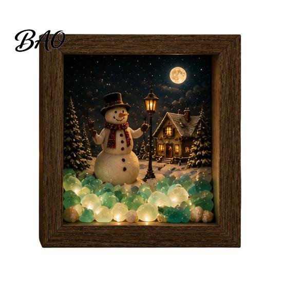 Seasonal Shelf Display Christmas Sea Glass Shadow Box Night Light, 3D Winter Snow Scene Wooden Decorative Lighted Frame Art with LED Warm Glow,