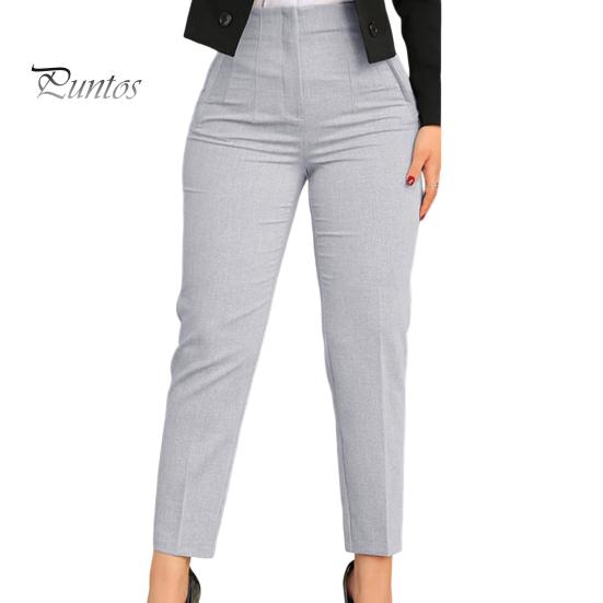 Work Pants High Waist Pleated Pockets Ninth-Length Women Trousers Female Solid Color Straight Leg Suit Office