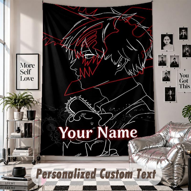 Tapeçaria de Parede com Nome e Texto Personalizados, Tapeçaria Decorativa Chainsaw Man Para Quarto