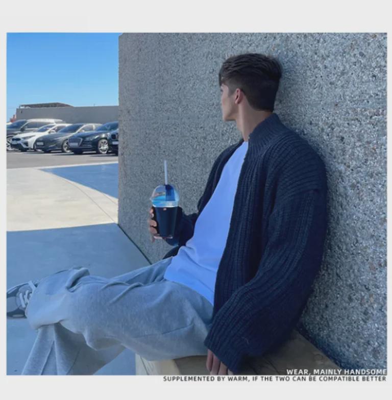 Chaqueta Cárdigan de Punto Retro Coreana con Cuello Mao para Hombre