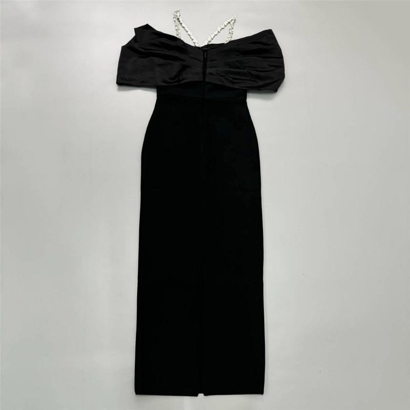 New Sexy Design Bandage Dress Neck Evening Dress with Diamonds Shoulder Slim Long Women's Clothing
