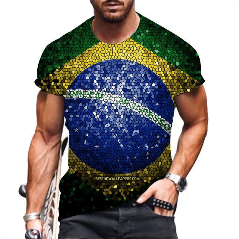 Summer Round Neck 3D Brazilian Flag Football Jersey Print Top Fashionable Casual Short Sleeved Men's T-shirts