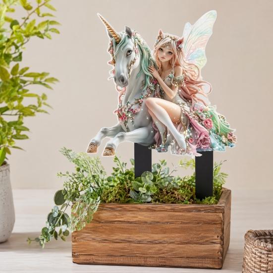 Unicorn Fairy Garden Stake, 2D Acrylic Yard Art Stake, Waterproof Flower Fairy Outdoor Decoration for Lawn Planter Flower Bed