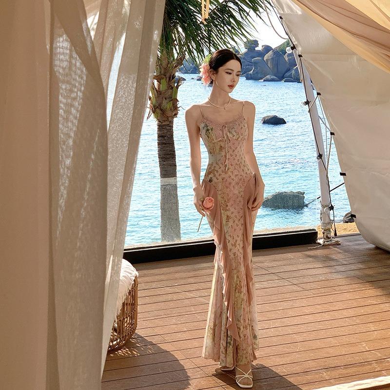 Island Photo Floral Ruffle Edge Fishtail Skirt Elastic Mesh Suspender Dress Vacation Beach Dress