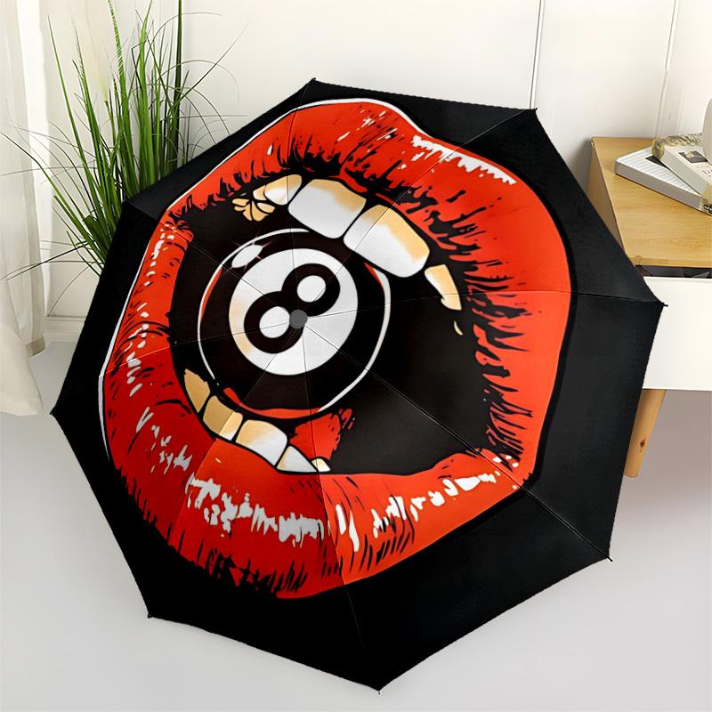 1pc Lips Eight Ball Automatic Open/Close Umbrella, Windproof, Folding Compact Umbrella with Lightweight Design for Women/Men047