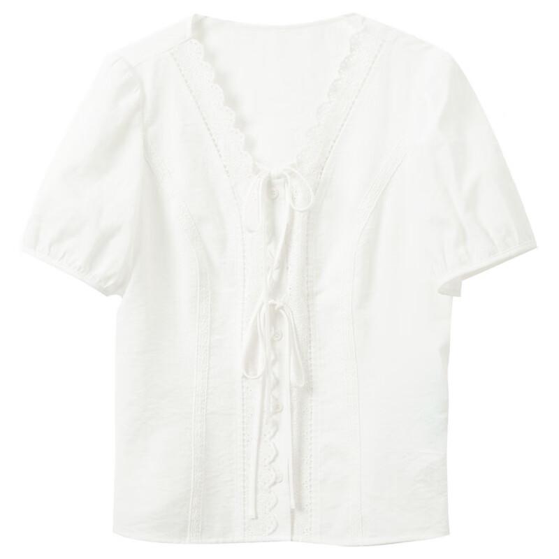 Sancai 2026 Summer Lace V-Neck Short Sleeve White Blouse
