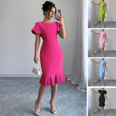 Women's Short Puff Sleeve Bodycon Dresses Crew Neck Ruffle Mermaid Hem Dress Cocktail Wedding Guest Midi Dress